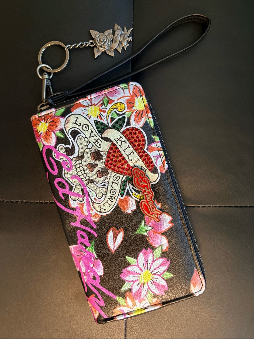 Ed Hardy 'Love Kills Slowly' Iconic Tattoo Wristlet/Wallet Black